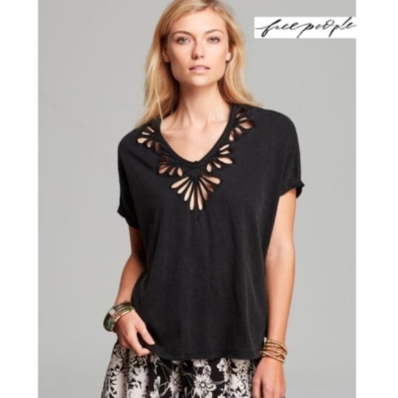 Free People Tops - Free People Cut Out Black/Gray Eyelet V-Neck Tee